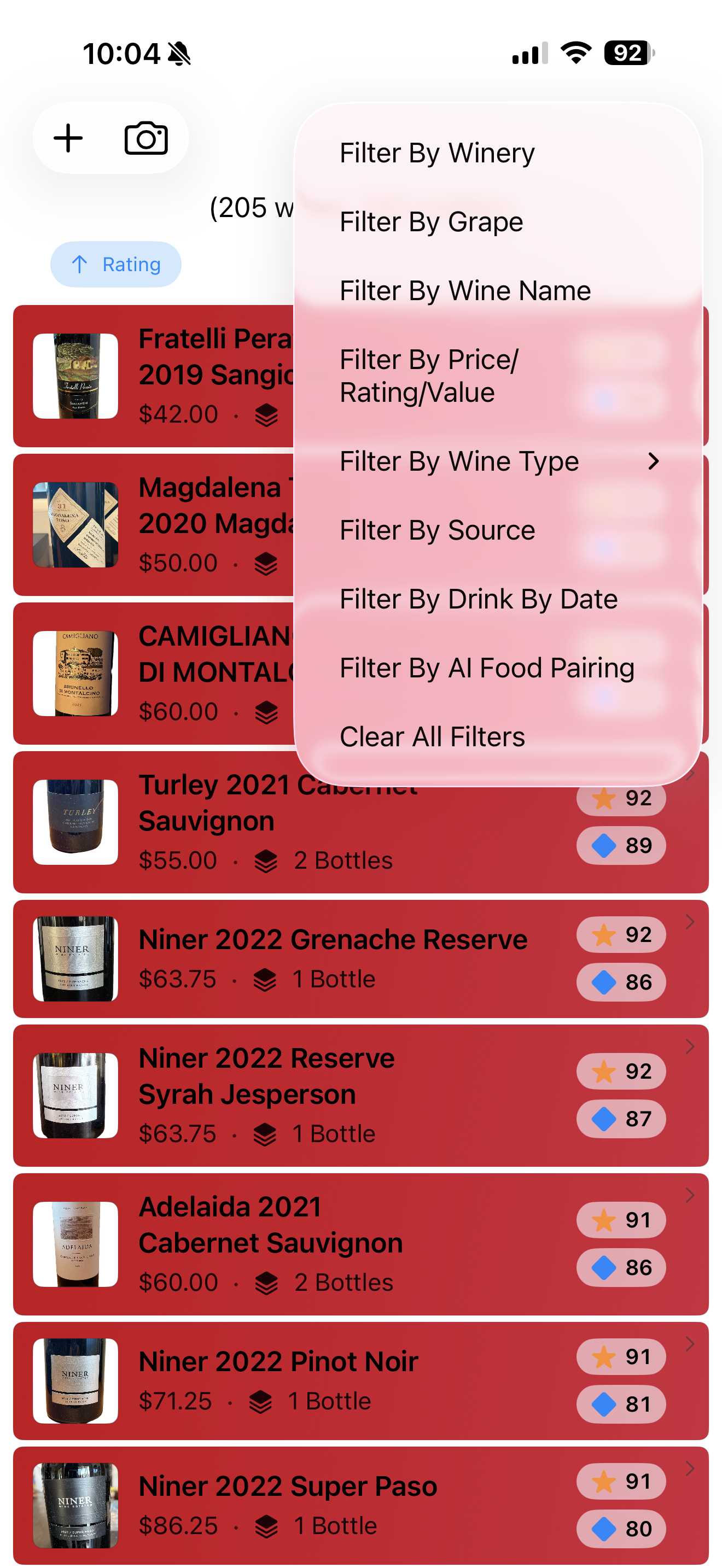 Filter menu with options for winery, grape, wine name, price, rating, value, wine type, source, drink by date, and AI food pairing