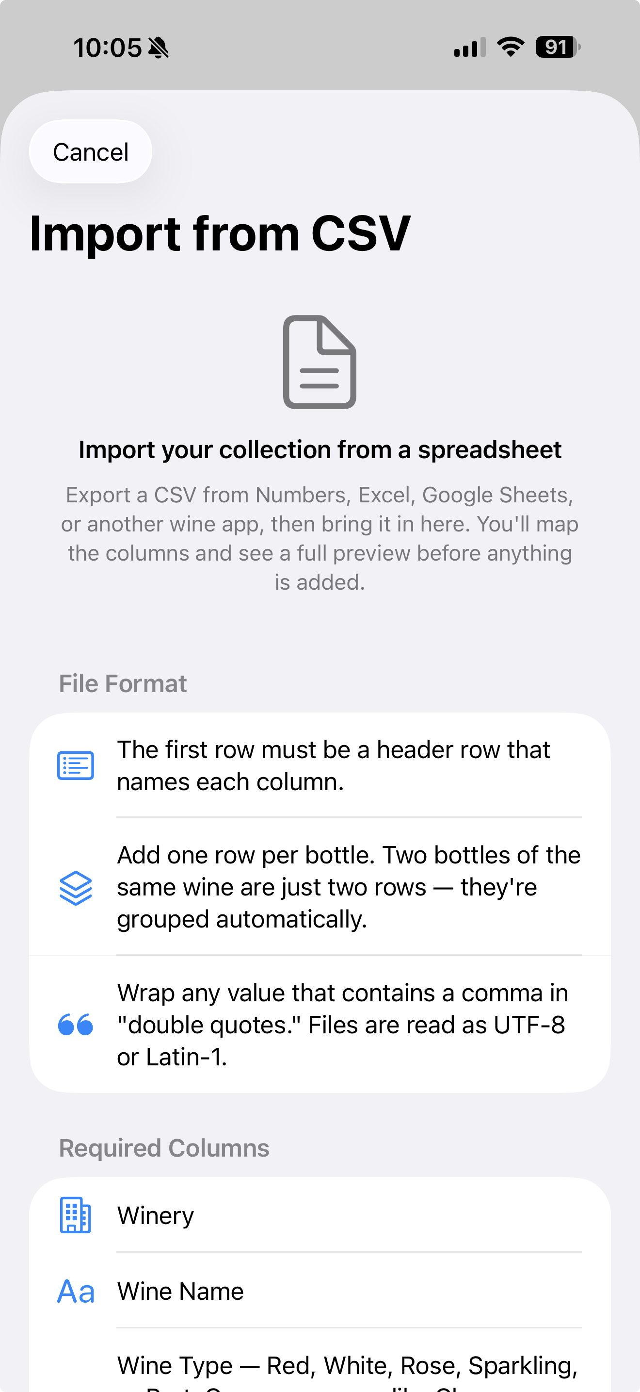 Import from CSV screen explaining file format and required columns