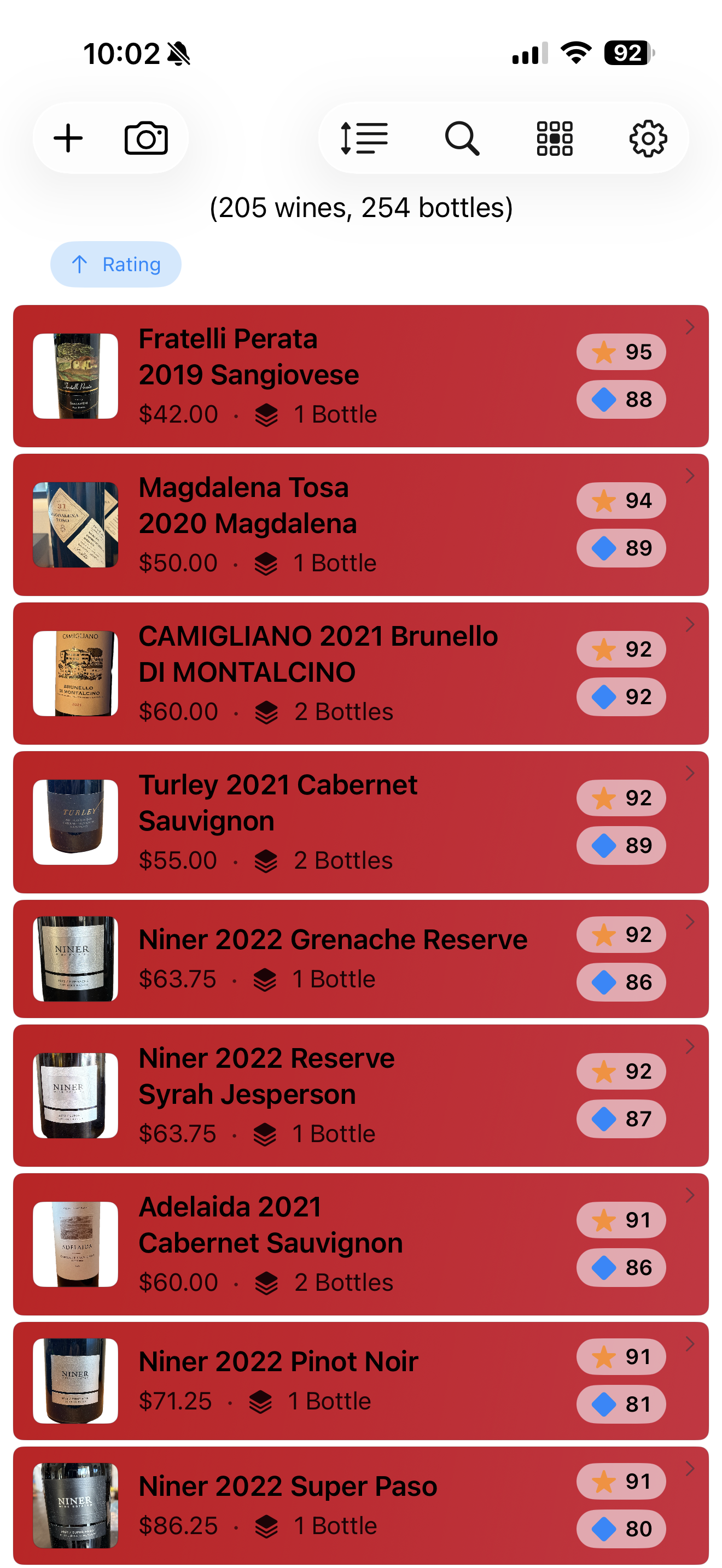 Home Wine Cellar main collection screen, showing 205 wines sorted by rating