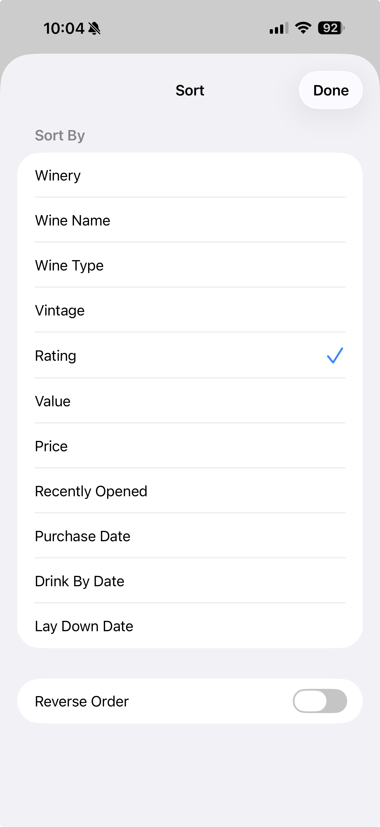 Sort menu with options for winery, wine name, wine type, vintage, rating, value, price, and dates