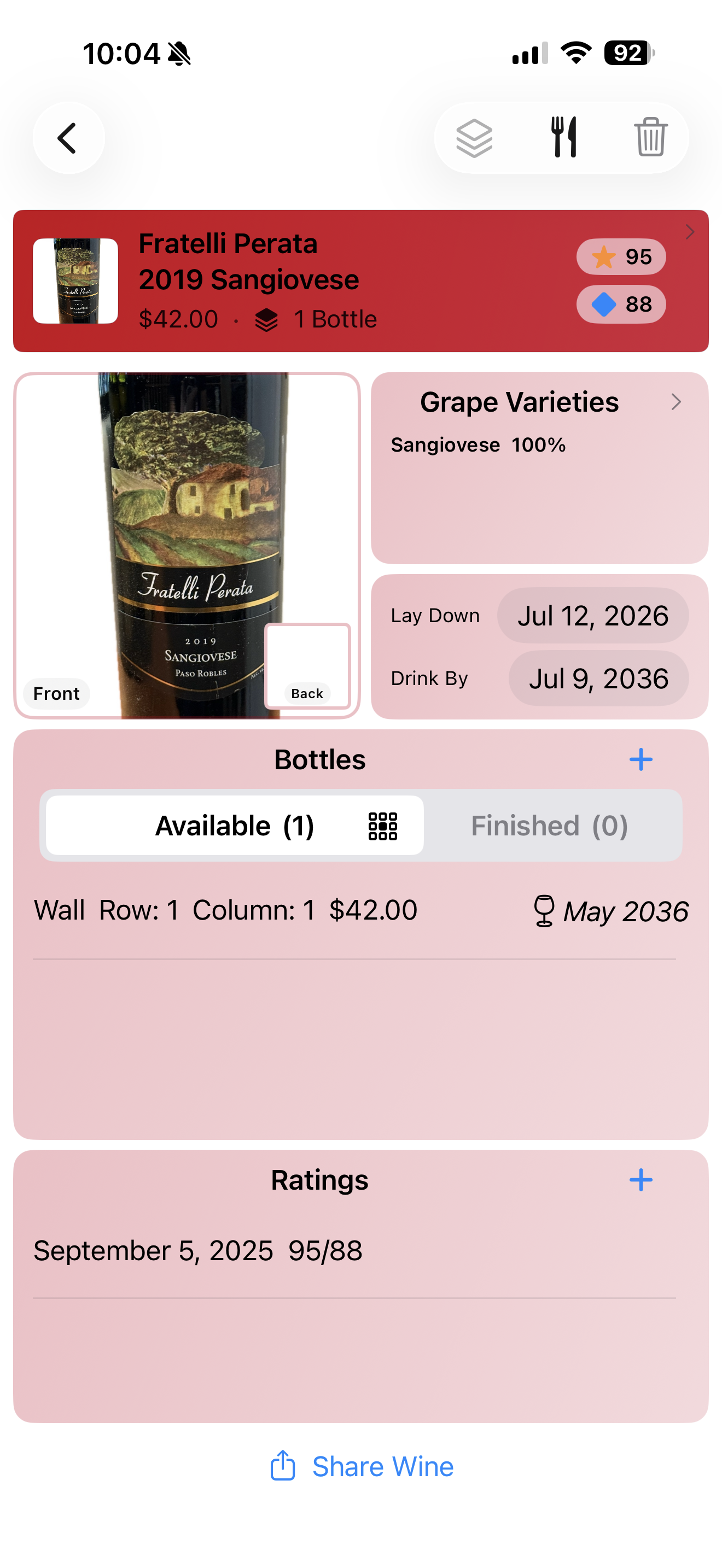 Wine detail screen showing front and back label photos, lay down and drink by dates, and bottle locations